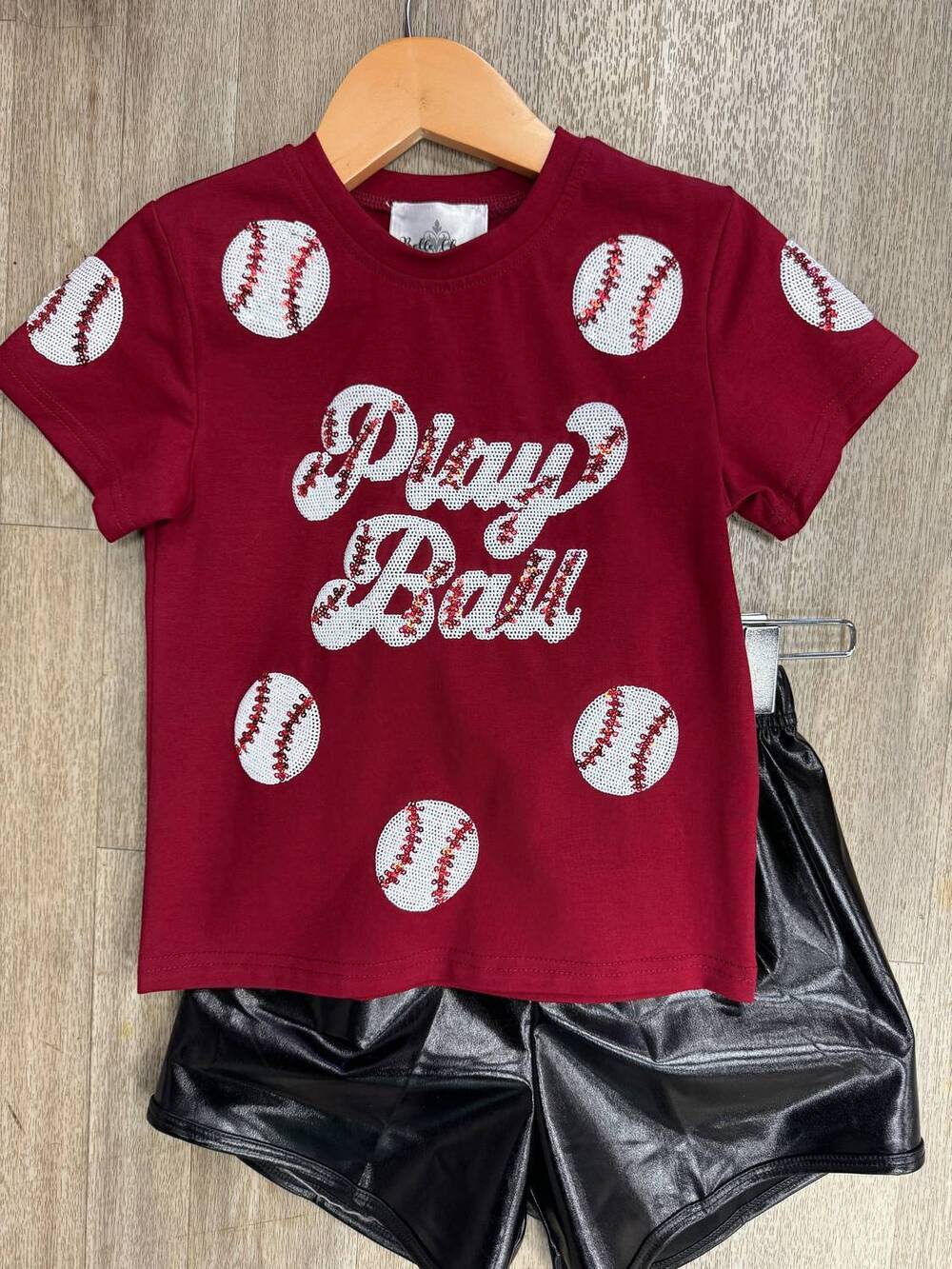 NEW BELLE CHER girl's sequin baseball tee in maroon ball